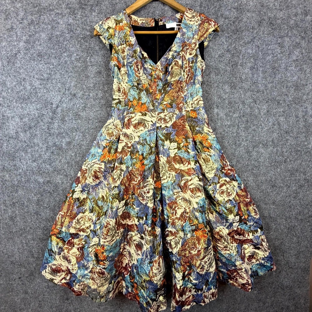 Tracy Reese Fit & Flare Dress Womens 6 Dark Bold Floral Metallic Shimmer Luxe